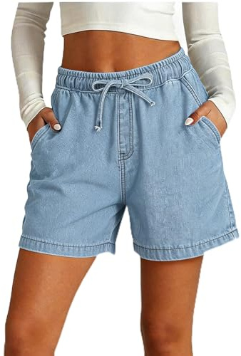 Denim Shorts for Women Drawstring Elastic Waist Wide-Legged Jeans Women Solid Colour Loose Pull On Summer Hot Pants Lightweight Beach Vacation Casual Capri Jeans with Pockets Everyday Short Pants