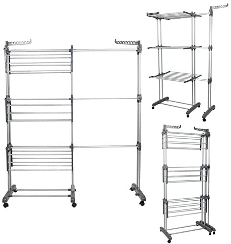 SHISHI Étendoir Linge Évolutif sur Pied, 3 Niveaux, Séchoir à Linge Pliable et Portable, Séchoir à Vêtements avec Ailes Pliable, Acier Inox et Plastique, Étendoir pour Intérieur/Extérieur, Gris-argent