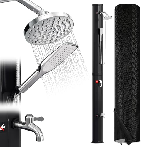 Vigevee Solardusche 40L Solar Gartendusche warmes Wasser Bis Zu 60°C ohne Stromanschluss Pooldusche Camping mit Fußdusche und schwenkbarem Regenduschkopf, inkl. Montagematerial, Schwarz
