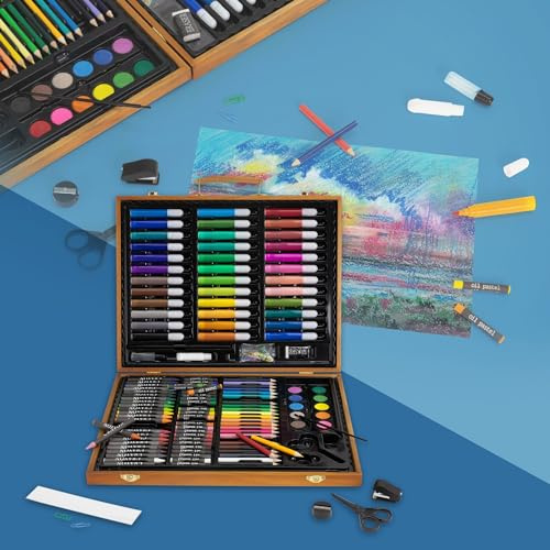 ECD Germany Set per Pittura e Disegno da 150 Pezzi con Valigetta di Legno Scatola per Dipingere per Bambini e Adulti Set per l'Arte Colori Acrilici Pastelli a Cera Acquerelli Set da Artista