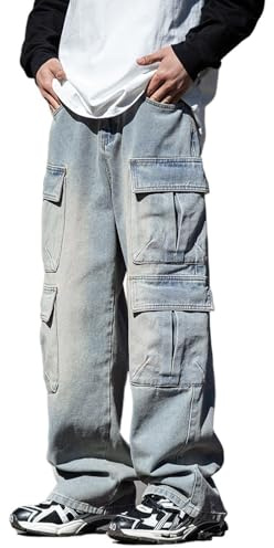 Baggy Cargo Jeans Men Teen Boys Casual Loose Jeans Flap Pockets Y2k Denim Pants 90s Hip Hop Streetwear Blue