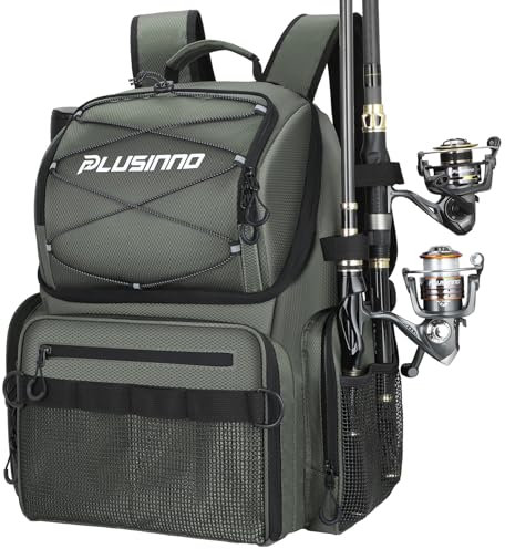 PLUSINNO Angelrucksack mit Rutenhaltern und Kühler, 45 l, groß, wasserabweisend, Angelausrüstungsrucksack
