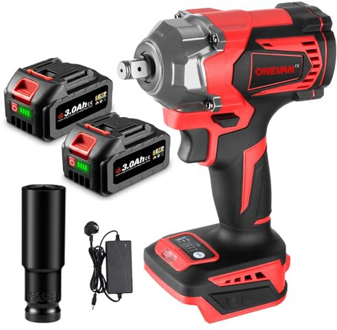 ONEVAN Cordless Impact Wrench Electric Impact Driver - 525Ft-lbs (700 N.m) Brushless 1/2-Inch Lithium-Ion Impact Gun for Car Tyre Change (Incl. 2 Batteries)