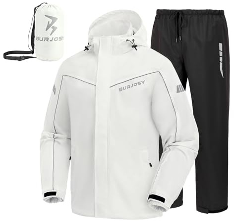 Burjosy Regenanzug Herren, Wasserdicht Regenjacke Regenhose, Packbare Leicht Reflektierende Windjacke mit Kapuze, Atmungsaktiv Fahrrad Regenmantel für Outdoor Wandern Camping