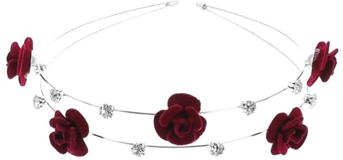 Beaupretty Elegante fascia a doppio con strass scintillanti e decorazioni a rosa, rosso vinaccia, eleganti accessori per capelli per ragazze e donne, ideali per feste e feste