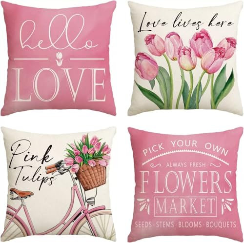MorLuks 4er Set Kissenbezüge 45x45 cm Frühling Tulpen, Kissen Frühling Deko Zierkissenbezüge, Kissenbezug Tulpen Deko Kissenhülle für Wohnzimmer Couch Sofa Schlafzimmer Bett Auto Dekoration