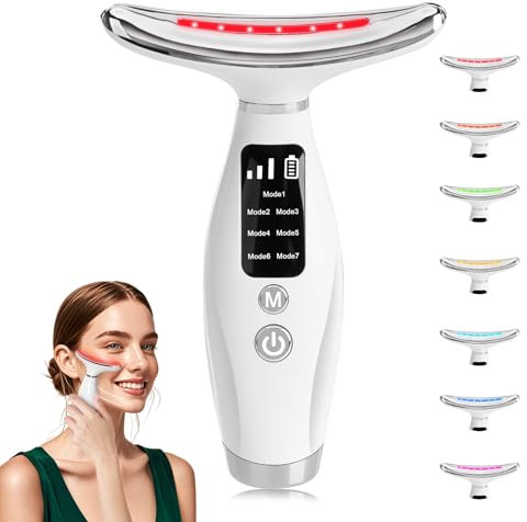 Massaggiatore Viso Lifting Elettrico Antirughe, Impacco Caldo a Face Massager con 3 Modi 7 LED, 45 ℃ Terapia Della Luce Massaggiatore Viso EMS lifting del Collo Rassodante per Tonificare il Viso