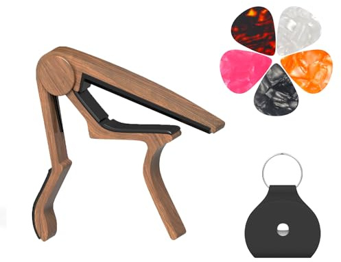 Capodastre pour guitare acoustique 6 cordes et 12 cordes, avec support et 5 médiators, capodastre en métal pour ukulélé, mandoline, banjo et autres instruments à cordes (palissandre)