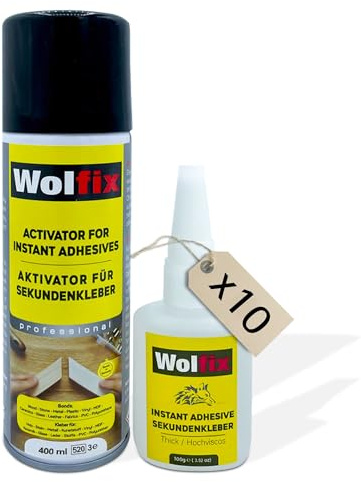 Wolfix superlim extra stark 100 g med aktivator spraylim 400 ml spray 10-pack universallim set för professionella reparationer – perfekt för material som plast, metall, trä och keramik