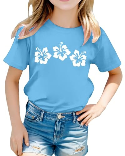 Flowers T Shirts Kids Girls Age 3-13 Years Trendy Graphic Short Sleeve Crewneck Teenage Girls Tshirts Summer Comfy Casual Jogging Athletic School Cute Blouse Tunic (Blue, 8-9 Years)