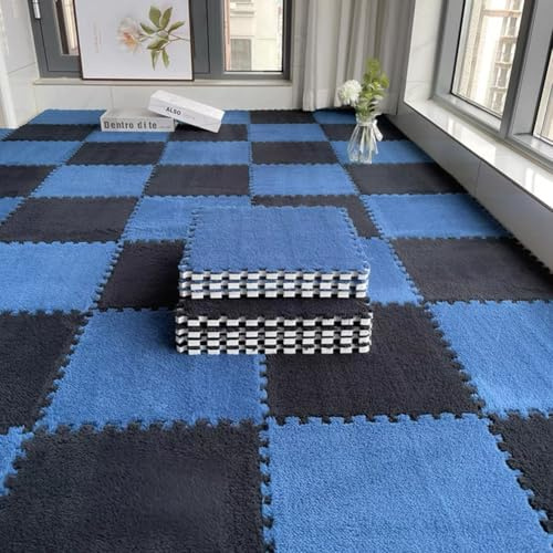 Interlocking Carpet Shaggy Floor Mat 12x12x0.4 Puzzle Play Mat,Soft EVA Foam Mats Area Rug Square Floor Protective Tiles for Bedroom Playroom (Black Navy)
