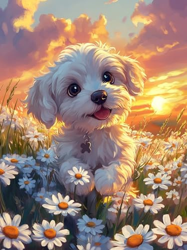 Bimkole 5D Diamond Paintinger För Vuxna Hund, Full Borrmålning Gör-det-själv Strass Broderi Set Färg Med Diamanter Kit Tusensköna Korsstygn Hem Vägg Hantverk Dekoration 30x40 cm