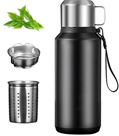 KBIBCK 800ml Edelstahl Thermoskanne, Thermosflasche mit Becher, 24 Stunden Heiß, Edelstahl Thermosflasche mit Schichtfilter, Thermosflasches 316 Edelstahlfür Unterwegs, Sport,Kaffee und Tee (Schwarz)