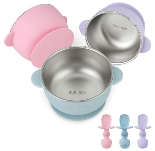 PandaEar Juego de 3 Cuencos de Acero Inoxidable con Ventosa y 3 Cucharas de Silicona | Boles Antideslizantes y Cucharas Anti-Atragantamiento | Set de Alimentación BLW para Bebés sin BPA