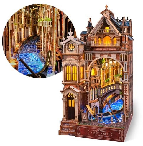 FUNPOLA Venice Night Starlit Book Nook Kit – Puzzle 3D in legno con specchio infinito LED – Decorazione fai-da-te per libreria, miniatura creativa per bambini e adulti (Notte di Venezia stellata)