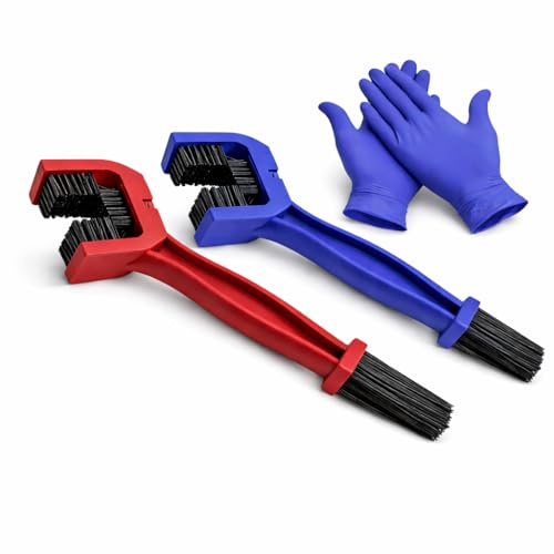 CRISVAN Cepillo Limpia Cadenas Moto – Cepillo Limpiador de Cadenas para Moto, Bicicleta y Scooter, Cerdas de Nailon Resistentes, Mango Ergonómico (2, Rojo y Azul)
