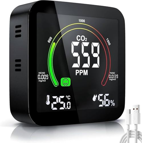 CO2 Monitor Detector, focombance 5 in 1 CO2 Detector Alarm Carbon Dioxide Detector Indoor Air Quality Monitor Temperature Humidity Monitor LCD Display Home Office Gym Car Black