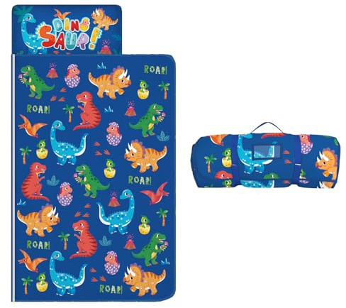 Nap Mat per Bambini con Cuscino e Coperta Rimovibili, Grande Extra Spesso 2 in 1 Sacco a Pelo Pieghevole per Ragazze Ragazzi, Leggero e Morbido Nap Mats per Asilo Nido e Campeggio (Dinosauri Blu)