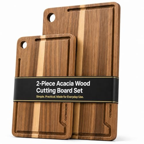Acacia Wood Cutting Board Set of 2, Wooden Kitchen Cutting Boards with Juice Grooves and Hanging Holes, Multi-Size Chopping and Serving Boards for Meat, Vegetables, Cheese and Charcuterie