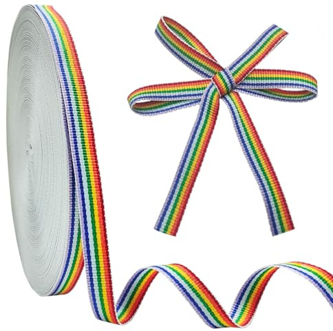 7 färgblandat randigt grosgrain-band, 10 mm × 50 m, regnbågsränder dubbelsidigt polyesterband för konst, gör-det-själv-hantverk, presentförpackning, bröllop och festdekoration