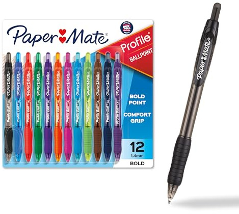 Paper Mate Profile Retractable Ballpoint Pens Bold, 1.4mm, Assorted Colors, 12 Count - Back to School, Home, Office, Teacher Supplies