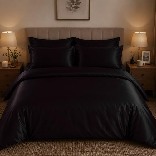 CHARKHAH Satin Silk 6 Piece Complete Bedding Set Durable Silky Fabric with Single Double King Size Bed Fitted Sheet Duvet Cover Comforter and 4 Pillow Cases (Double, Black)