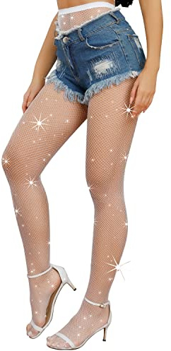Forevers Womens Sparkly Fishnet Tights, Glitter Fishnet Stockings, Diamond Fishnet Stockings, Rhinestone Pantyhose Fishnet Socks Mesh Tights, White