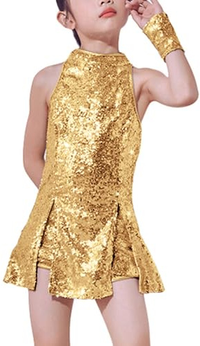 LOLANTA Costume de Danse de Paillettes de Filles Vêtements de Danse Hip hop Tenue de Danse Scintillante, Or, 6-7 Ans, 130