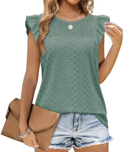 Aokosor Ladies Vest Tops for Women UK Summer Tank Tops Crew Neck Sleeveless Tops Ruffle Sleeve Ladies Tops Size 10-12 Green