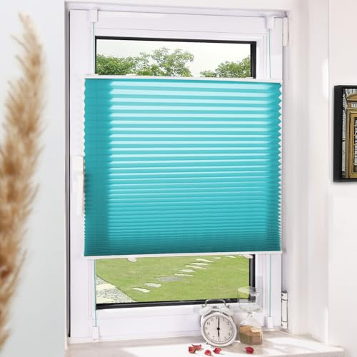 Grandekor Plissee Klemmfix ohne Bohren Türkis 80x110cm(BxH) Plissees lichtdurchlässig Blickdicht Jalousien ohne Bohren Fensterrollo Klemmrollos Sonnenschutz Sichtschutz Faltrollo Rollos für Fenster