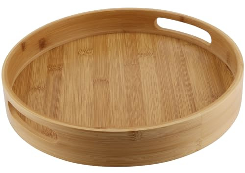 CHEUKYIU Bambu bricka rund 30 cm diameter 5 cm tjock, serveringsbricka i bambu med handtag, rund trä serveringsbricka, för snacks, frukt, kaffe, te, vin, träfärg