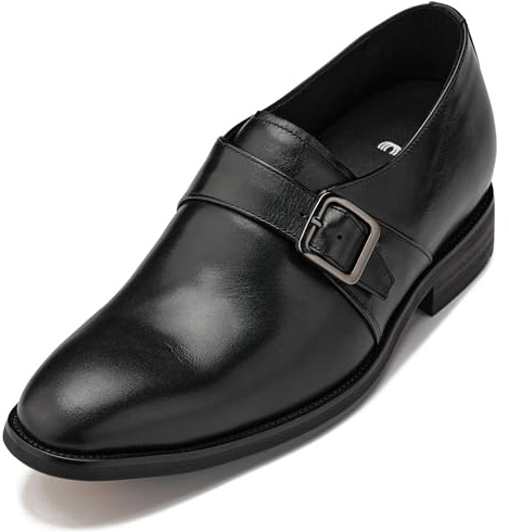 CALTO Men's Invisible Height Increasing Elevator Shoes - Black Leather Slip-on Monk-Strap Dress Loafers - 2.8 Inches Taller - Y7254 - Size 10 UK