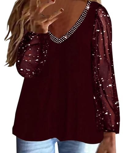 Cihdmfb Langarmshirt Damen V Ausschnitt T Shirt Elegante Solide Pailletten Glitzer Patchwork Festliche Oberteile Lässige Hemdbluse Tops Longshirt Streetwear Langarm Bluse Oberteil Tops(E Rot,5XL)