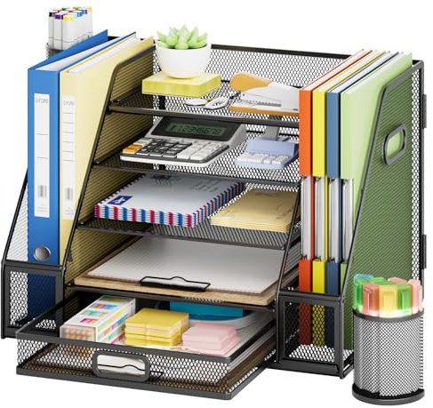 Marbrasse Schreibtisch Organizer mit Aktenhalter,5 Ebenen Briefablage Ablagefächer mit Schublade und 2 Stifthalter, Mesh Schreibtisch Zubehör Ablage Zeitschriftenhalter für Bürobedarf(Schwarz)