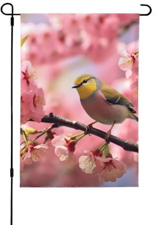 Bedruckte Gartenflagge mit Vogel im Pfirsichbaum, 71,1 x 101,6 cm, doppelseitige Gartenflagge für draußen, Weihnachten, Urlaub, alle Jahreszeiten