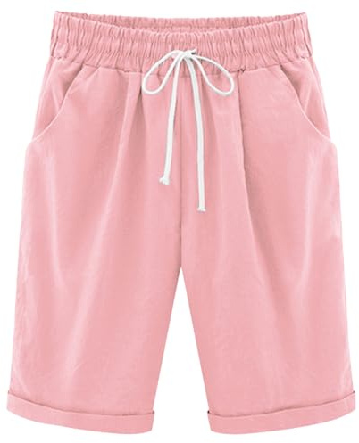 NLAND Dam sommar sport shorts med fickor lediga korta byxor med elastisk dragsko för fitness jogging yoga semester, rosa, L