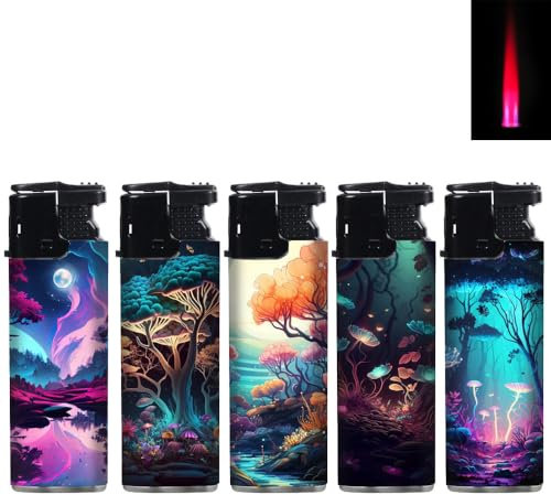5X Sturmfeuerzeug Turboflamme Turbofeuerzeug Top Motive Turbo Flamme Feuerzeug mit Schutzkappe absolut windfest Gasfeuerzeug nachfüllbar (Fantasy)