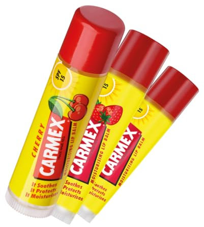 Carmex Lip Balm Tube Set | Classic, Cherry & Strawberry | SPF 15 | Soothes & Protects Dry Lips | Hydrating Formula for Summer | Travel-Friendly | Pack of 3