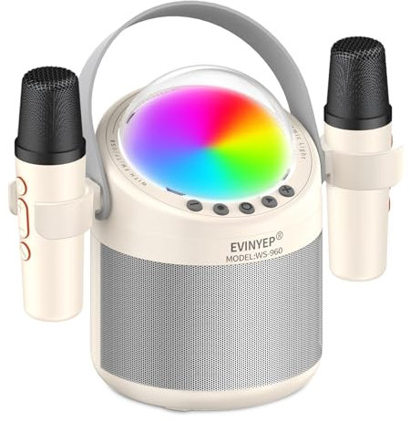 EVINYEP Karaoke 2 Microfonos Inalambricos, Minialtavoz Karaoke Infantil de Graves Profundos de 15 W con Luces LED de Fiesta, 5 Efectos de Voz Regalos de Canto Infantil y Adultos