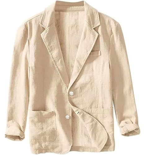 FYCYGG Giacca da Uomo Lino Vestito Estivo Sottile 2 Pulsanti Leggera Business Regular Fit Giacche Cappotto Sportivo per Matrimonio Tempo Libero(Apricot,XL)