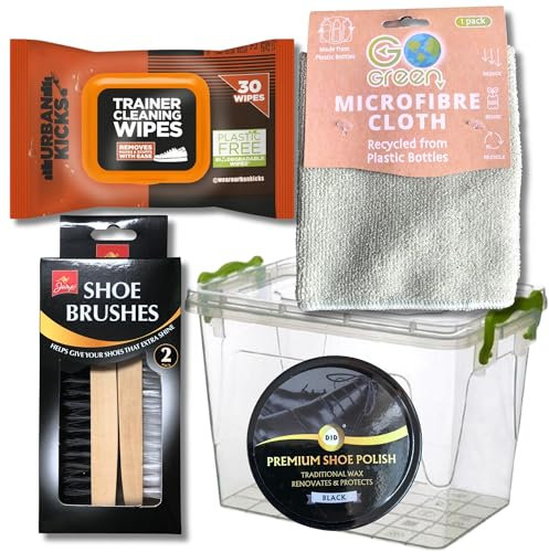 Kyeltri Trainer Cleaning Kit Bundle with 50ml Black Shoe Polish, Leather Cleaning Wipes, x2 Brushes, Microfibre Cleaning Cloth and Storage Box