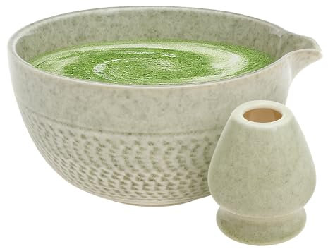 Juego de cuencos para matcha, cerámica, soporte para escobas, resistente a la temperatura, textura trenzada, juego de cuencos de té matcha con boquilla, kit de elaboración de té japonés versátil