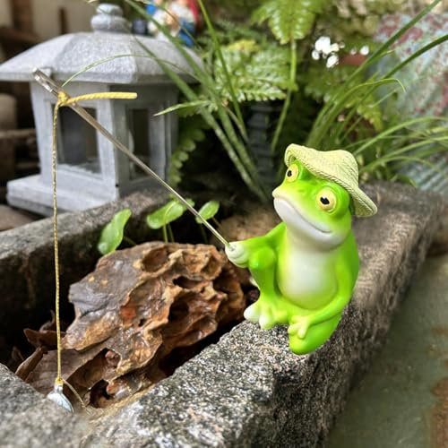 LIZEALUCKY Mini Pond Decorative Figure, Resin Frog Decorative Figures Garden Decoration for Outdoor Figures, Weatherproof for Flower Pot, Balcony, Garden, Room Decoration (Green, Fishing frog)