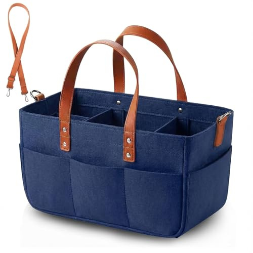 Anhow 30 l filtväska, shoppingväska med fack, filtväska, shoppingkorg, shopper för utomhusresor, picknick, shopping, förvaring – mörkblå/40 x 27 x 27 cm