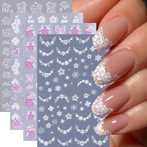 Nymora 4 Feuilles de Stickers de Décoration Ongulaire à Fleurs pour Design Ongulaire – Stickers Ongulaires Fleurs & Papillons Gravés, Autocollants Cœurs & Petites Fleurs Blanches, pour Fleurs de Print
