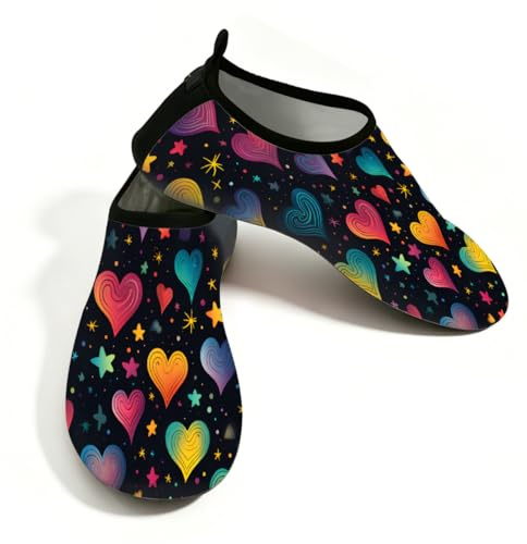 Mexpekil Strand-Wasserschuhe für Damen und Herren, rutschfeste Barfuß-Schwimmschuhe, schnell trocknend, Aqua-Socken, atmungsaktive Wassersocken für Pool, Surfen, Neon Galaxy Hearts, 38/38.5 EU