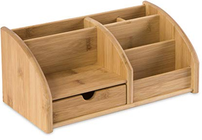 Osco Bamboo 6-Compartments & 1 Drawer Desk Organiser, Wooden Pen & Stationery Holder, Makeup & Cosmetics Sorter, Office Desktop Storage, Slim Desk Tidy, Natural Bamboo Color, No Assembly Required