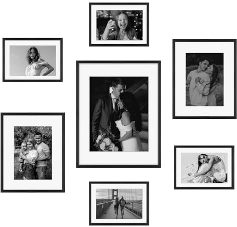 Frametory, Black Aluminum Picture Frame with Removable Mat - Set of 7 Includes Four 5x7, Two 8x10, One 11x14 - Real Glass Front - Simple Gallery Wall Frames for Art Prints and Posters