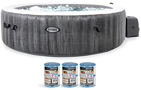 Intex PureSpa Greywood Deluxe 215,9 x 63,5 cm Outdoor Portable Inflatable 6 Person Round Hot Tub Bubble Jet Spa con 6 cartucce filtro piscina tipo S1