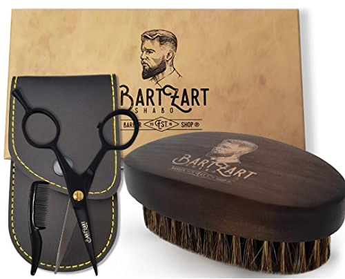 BartZart Bartschere klein für Männer mit Kamm und schwarzem Etui | Bartbürste aus Wildschweinborsten | Bartpflege & Geschenk für Herren (Bartschere und Bartbürste)